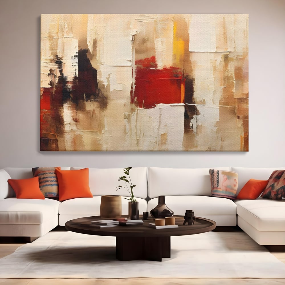 Tablou canvas cu pictura abstracta cu pete de rosu si bej, fara rama, pe sasiu de lemn, pe perete intr-un living